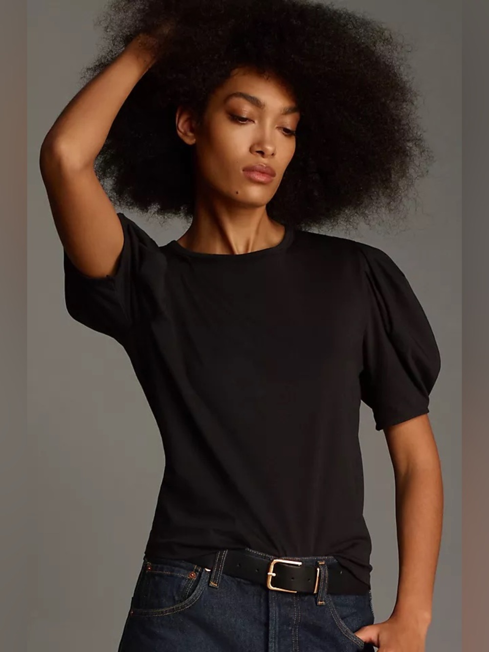 Nation LTD Alicia Top In Jet‎ Black Organic Cotton Puff Shoulder Short Sleeve